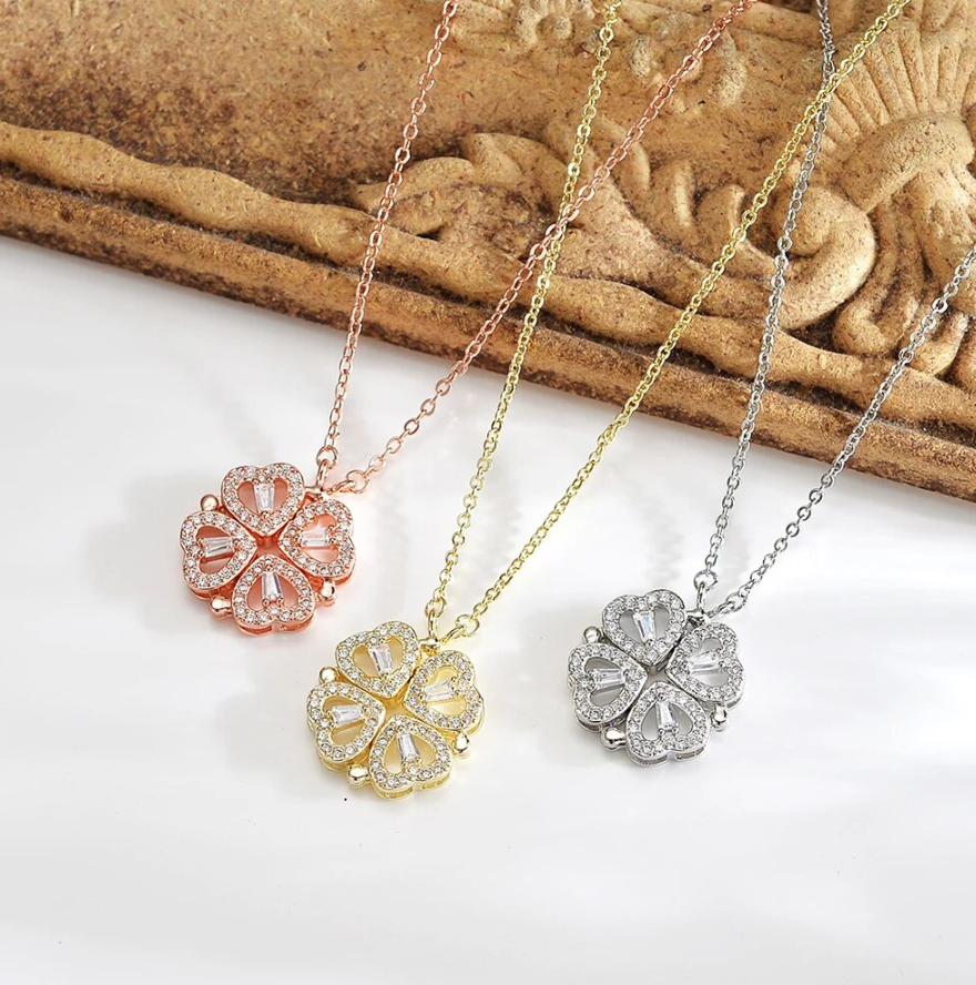 Four Leaf Clover Magnetic Folding Heart Crystal Pendant Chain