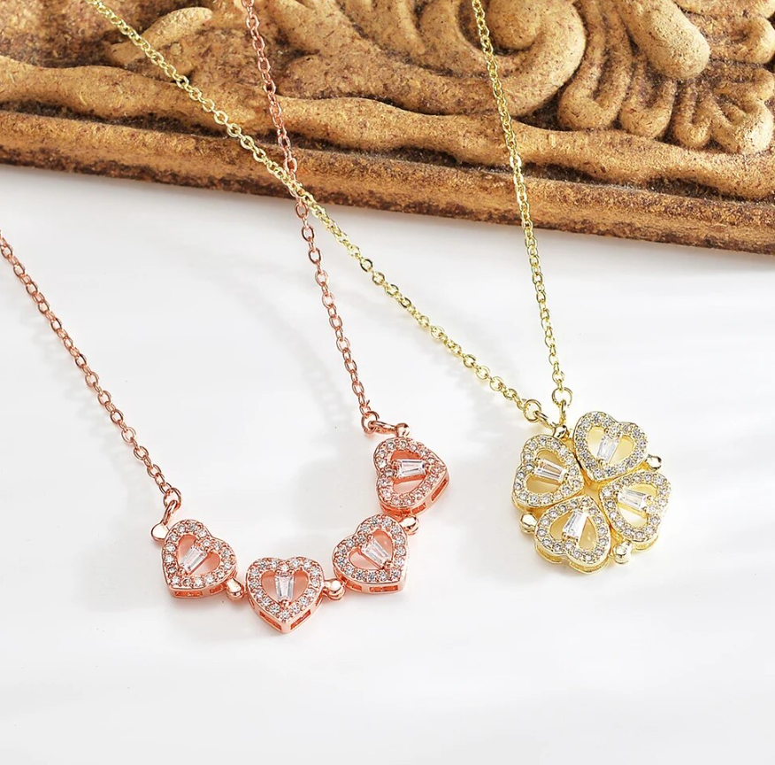 Four Leaf Clover Magnetic Folding Heart Crystal Pendant Chain