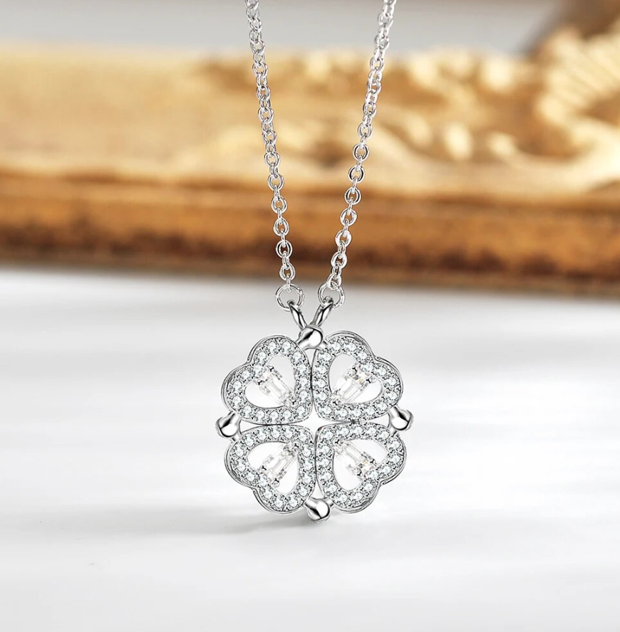 Four Leaf Clover Magnetic Folding Heart Crystal Pendant Chain