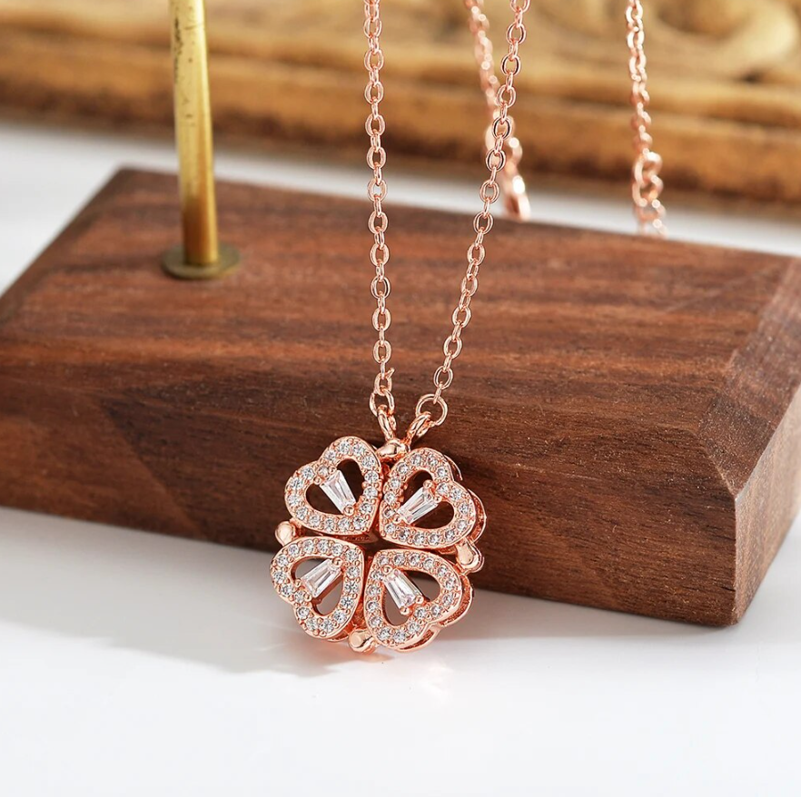 Four Leaf Clover Magnetic Folding Heart Crystal Pendant Chain