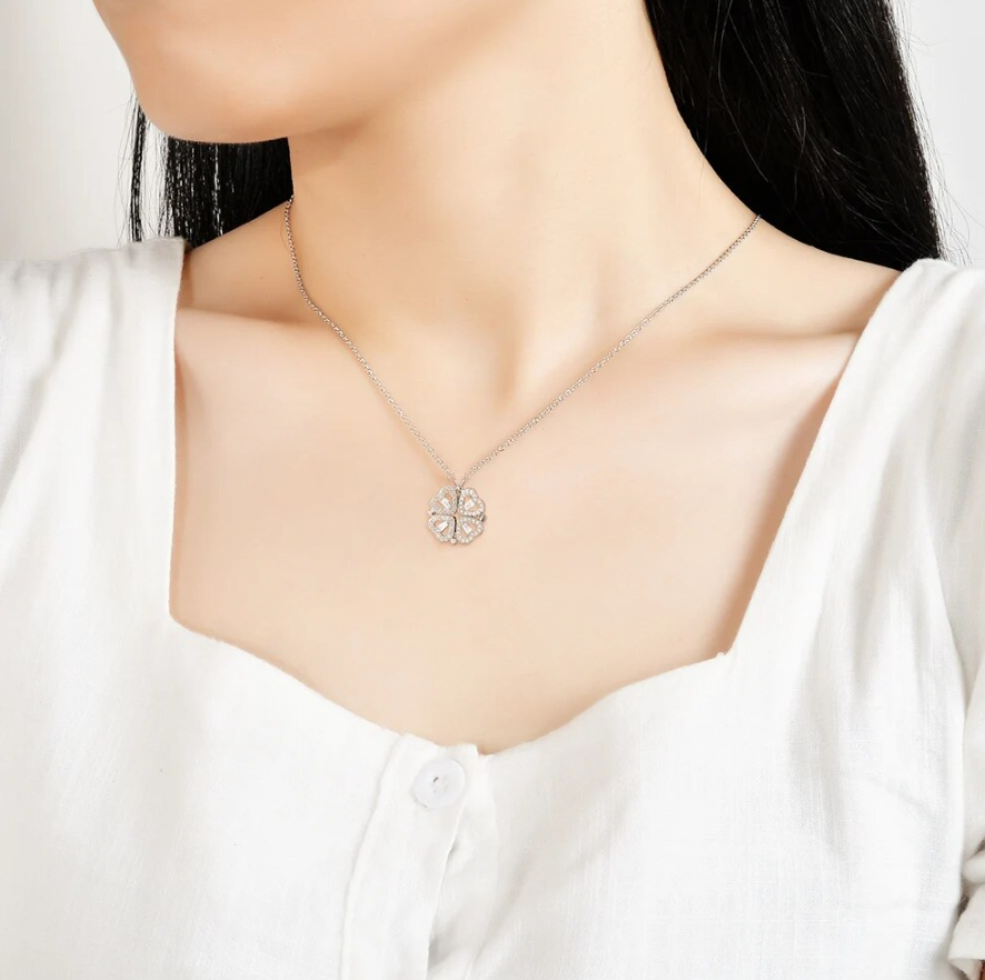Four Leaf Clover Magnetic Folding Heart Crystal Pendant Chain