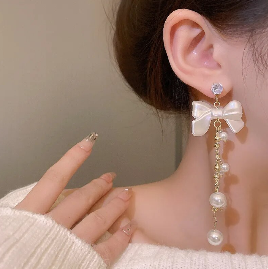 Long Pearl Bow Drop Earring