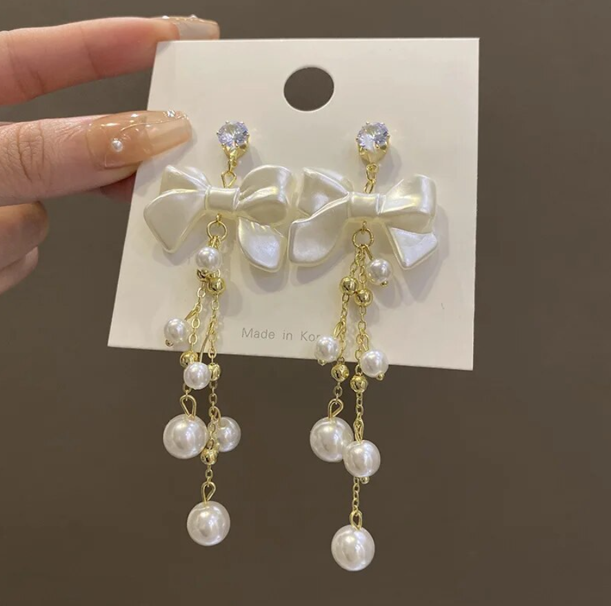 Long Pearl Bow Drop Earring