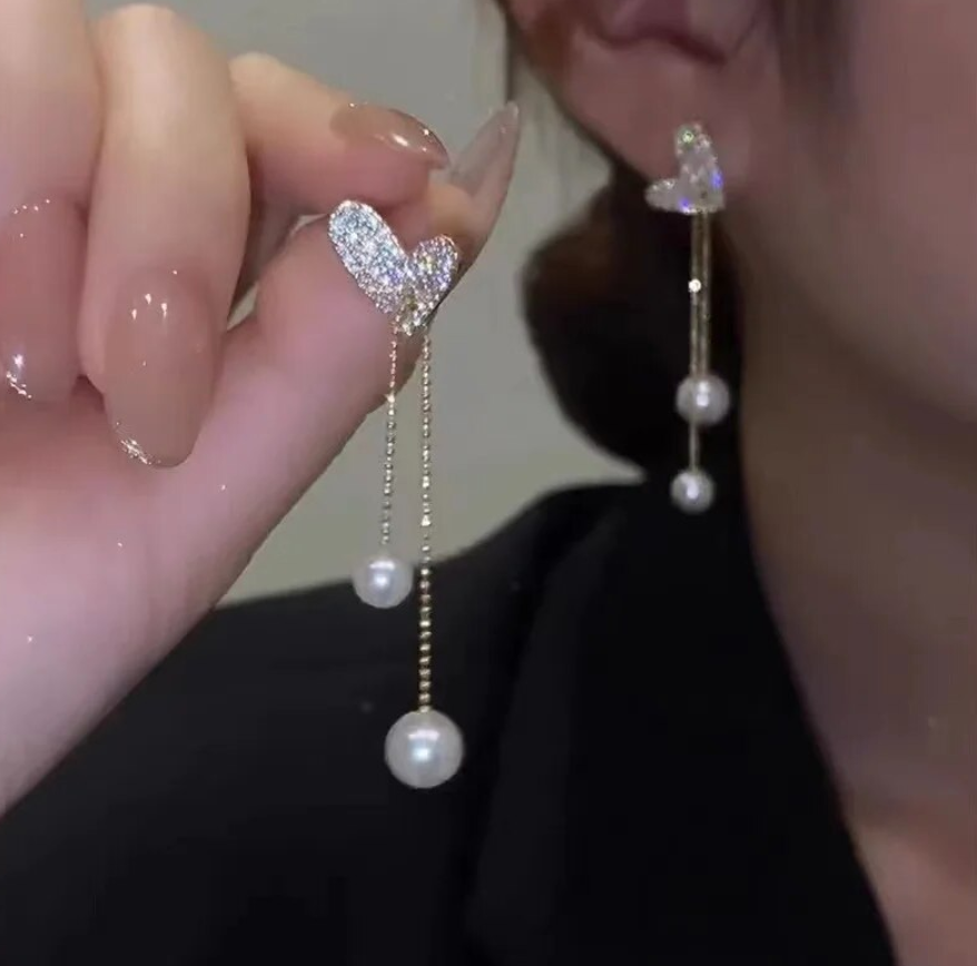 Heart With Drop Pearl Earrings