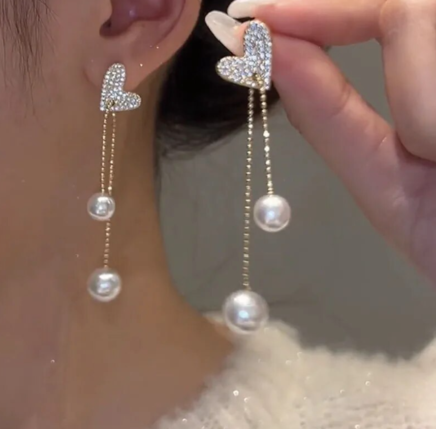 Heart With Drop Pearl Earrings