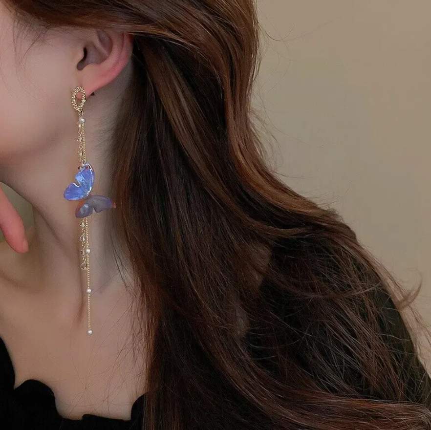 Long Purple Butterfly Drop Earring
