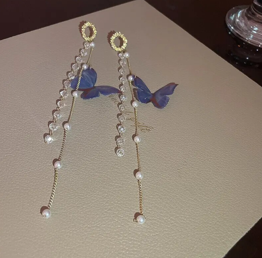 Long Purple Butterfly Drop Earring