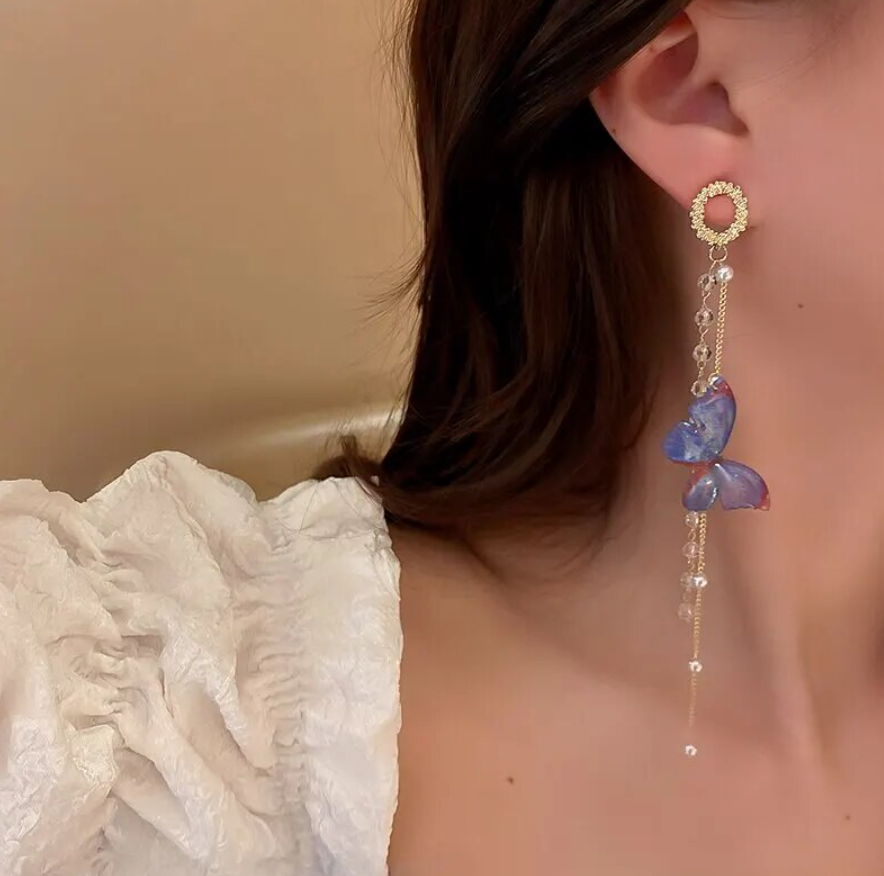 Long Purple Butterfly Drop Earring