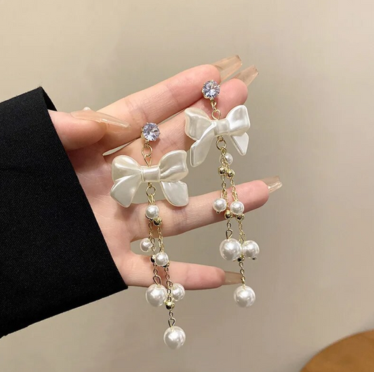 Long Pearl Bow Drop Earring
