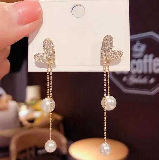 Heart With Drop Pearl Earrings