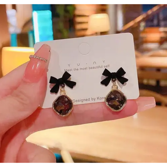 Black Crystal Bow Stud  Earring
