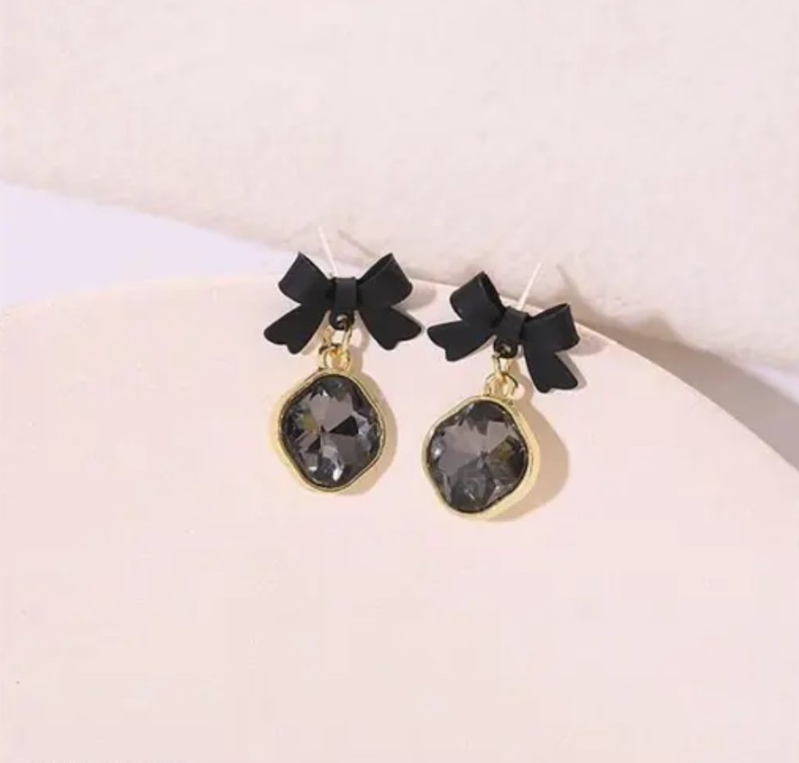 Black Crystal Bow Stud  Earring